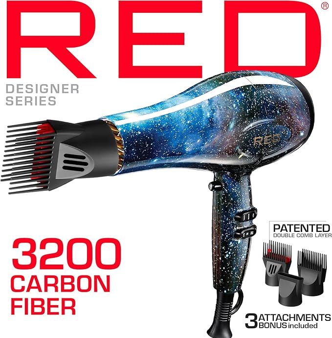 RED Designer Series 3200 Blow Dryer 3 Heat &amp 2 Speed Settings Cool Shot 25% More Airflow Patented Detangler Pik Unique Pattern Frizz Control Fast Drying