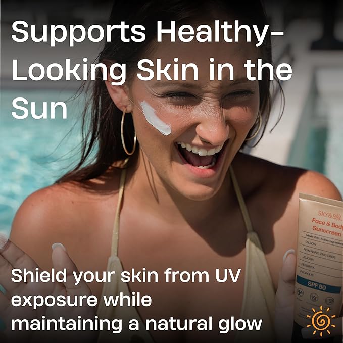 Sky and Sol Mineral Sunscreen SPF 50 | With Grass-Fed Tallow &amp Zinc Oxide | Non-Greasy Formula for Face &amp Body | Made Without Reef-Harming UV Filters | 3 oz (85 g)