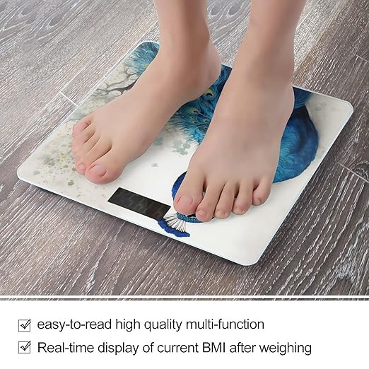 Blue Peacock Scale for Body Weight Safe Rounded Corners Tempered Glass Digital Bathroom Scale LED Display 400lb Capacity Weight Scales with High Precision Sensors