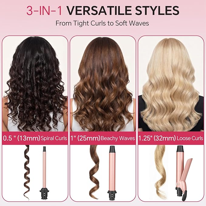 Curling Iron Set 3 in 1 Curling Wand with Interchangeable Ceramic Barrels 0.5 to 1.25 Inch 14 Temps Fast Heat for Multiple Curl Dual Voltage Travel Hair Curler