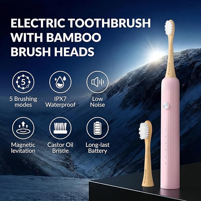 Bamboo Electric Toothbrush for AdultsSonic Electric Toothbrush with 4 Bamboo Heads Soft Castor Oil Bristles 5 Modes Smart Timer Sonic Technology IPX7 Waterproof 70-Day Battery Life-Pink