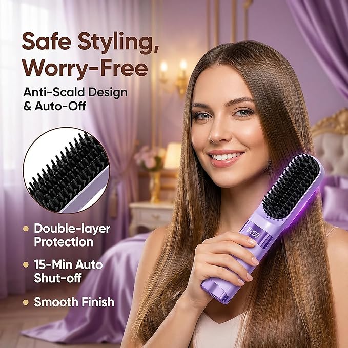 Cordless Hair Straightening Brush Portable USB Rechargeable Travel Straightener Comb with 30s Fast Heat LCD Display Dual Power Sources