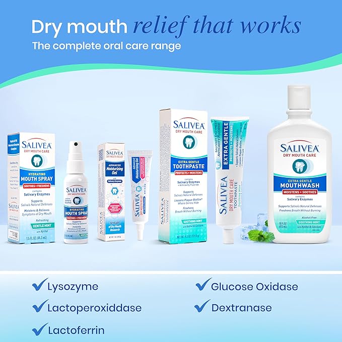 SALIVEA Dry Mouth Mouthwash - Soothing Mint Mouthwash with Natural Salivary Enzymes - Breath Freshener &amp Dry Mouth Care - Mint Flavor (2 Pack)