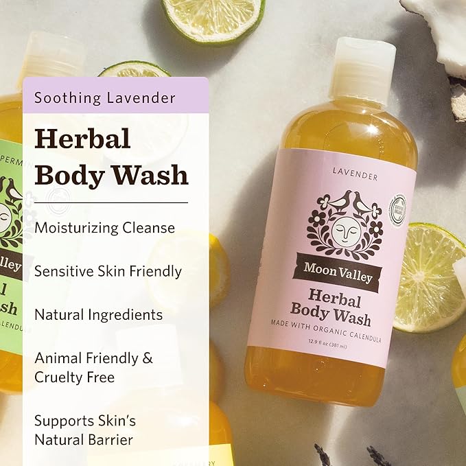 Herbal Body Wash Lavender by Moon Valley All Natural Ingredients No Parabens Vegan Moisturizing Essential Oils Two Pack
