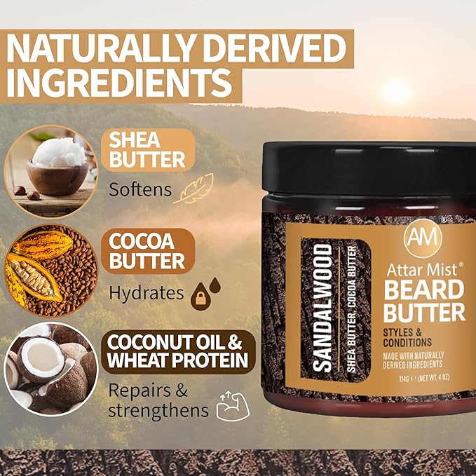 AM Beard Butter &amp Beard Oil for Men Beard Kit – Sandalwood Beard Care Kit for Men – Beard Softener Moisturizer &amp Itch Relief – Mustache Oil – Shea Cocoa Butter Argan Oil Vitamin E – 4 oz