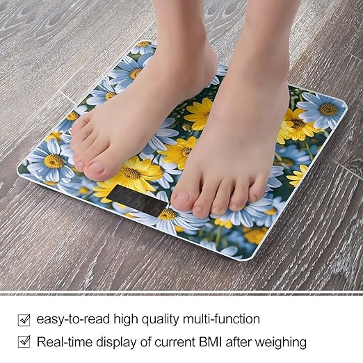 Blue and Yellow Flowers Smart Scale for Body Weight Accurate Bathroom Scale with LED Display Digital Weight Scales Weighing Machine High Precision Scales for Bath Home