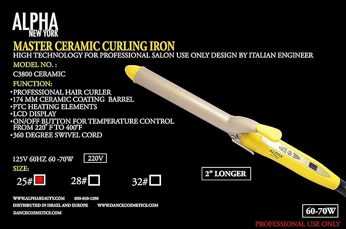Curling Iron Tourmaline Ceramic Coating Insulated Tip For Beach Wave Curls 25mm Heats from 220℉ to 400 By Alpha New York