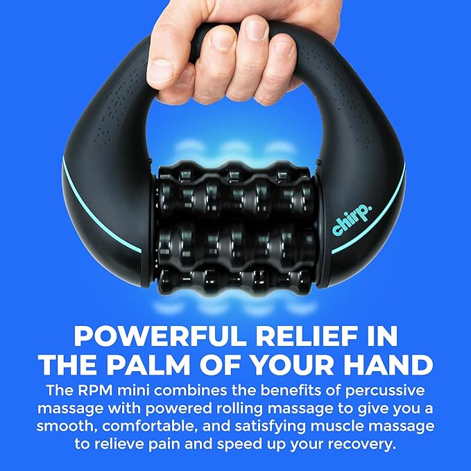 Chirp RPM Mini - Rolling Percussive Massager Percussive Therapy Whole Body Relief Deep Tissue and Muscle Recovery Percussion Massage Rechargeable Hands-Free Base Powerful 3-Speed Spin