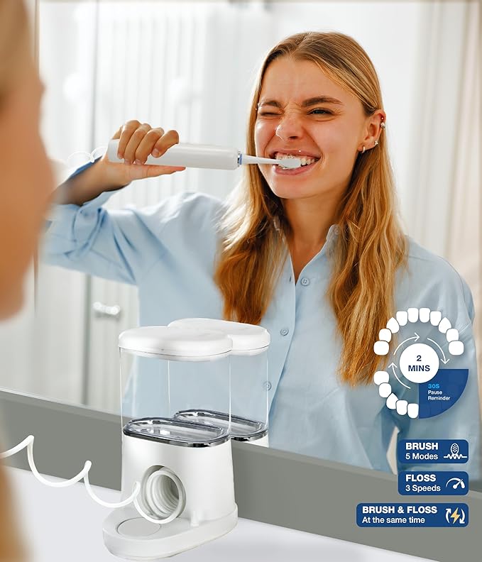 Electric Toothbrush and Water Flosser - Water Flossers for Teeth Electric Cleaning Brush with 5 Replacement Brush Heads 5 Brush Modes 17 Oz 3 Stage Floss Tooth Brush 3 in 1 Teeth Cleaning Kit