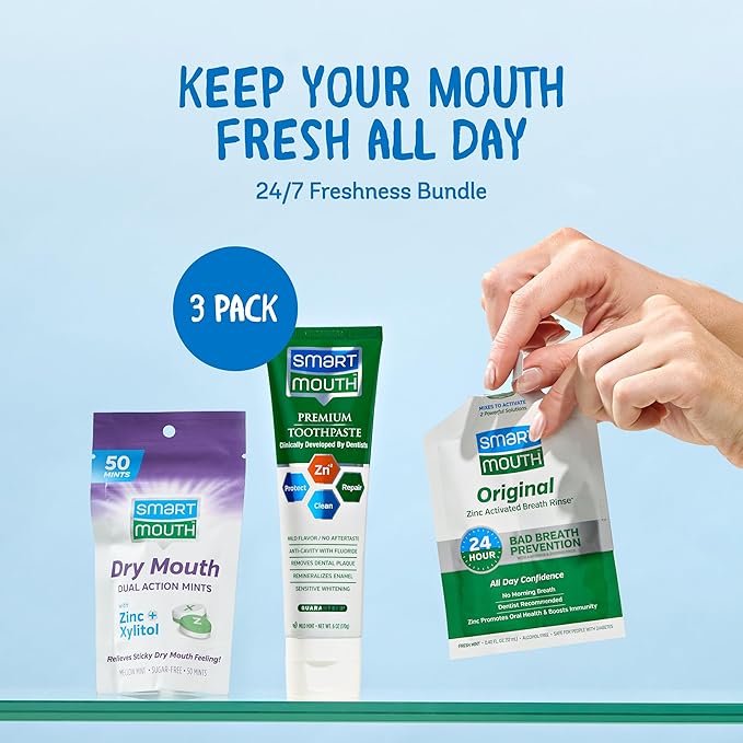 SmartMouth Original Fresh Breath Oral Care Bundle - Mouthwash Single Packs Fluoride Anti‑Cavity Zinc Toothpaste &amp Dry Mouth Dual‑Action Mints - Sugar Gluten &amp Alcohol-Free - 10 Packs 6 oz