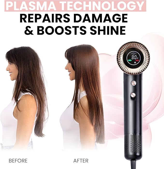 ELLA BELLA® Compact Plasma Hair Dryer Advanced Plasma Technology Blow Dryer with Digital Display Rapid Drying Low Noise &amp Luxury Velvet Travel Bag - Includes Diffuser &amp Nozzle- for All Hai