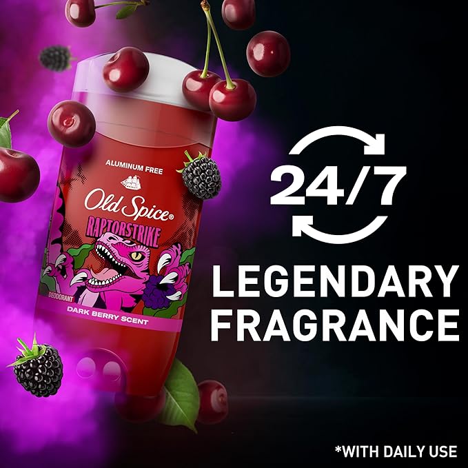 Old Spice Aluminum Free Deodorant for Men 24/7 Odor Protection 24/7 Freshness &amp Lasting Scent Goes on Clear Raptorstrike with Dark Berry Scent 3.0 oz (Pack of 3)