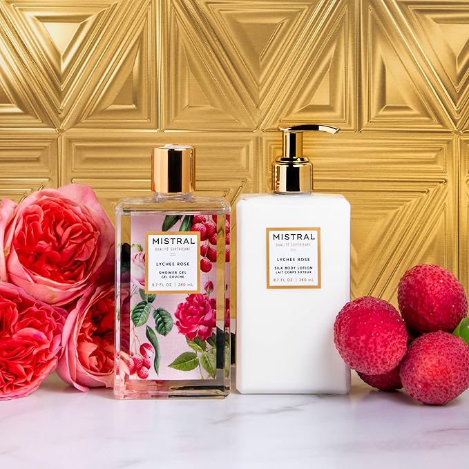 Mistral Lychee Rose Luxury Shower Gel - Body Wash for Women – Moisturizing Clean Body Wash with Aloe Vera Chamomile &amp Sweet Almond Oil | Paraben-Free Hydrating | Scented Shower Gel - 8.7 fl oz