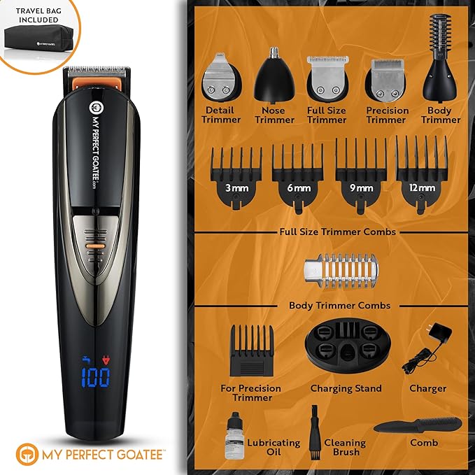 My Perfect Goatee®️ 13-in-1 Mens Grooming Kit - LED Display Beard Trimming Kit with Travel Bag Charging Stand &amp More - Waterproof Cordless Electric Trimmer for Nose Body &amp More – Ideal Gi