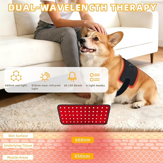 Pets Upgraded Red Light Therapy Belt LED Infrared Therapy with 4 Modes &amp 4 Adjustable Timer 60 LEDs 660nm &amp 850nm Red Light LED Screen Pet Muscle Recovery Light for Joint Relief