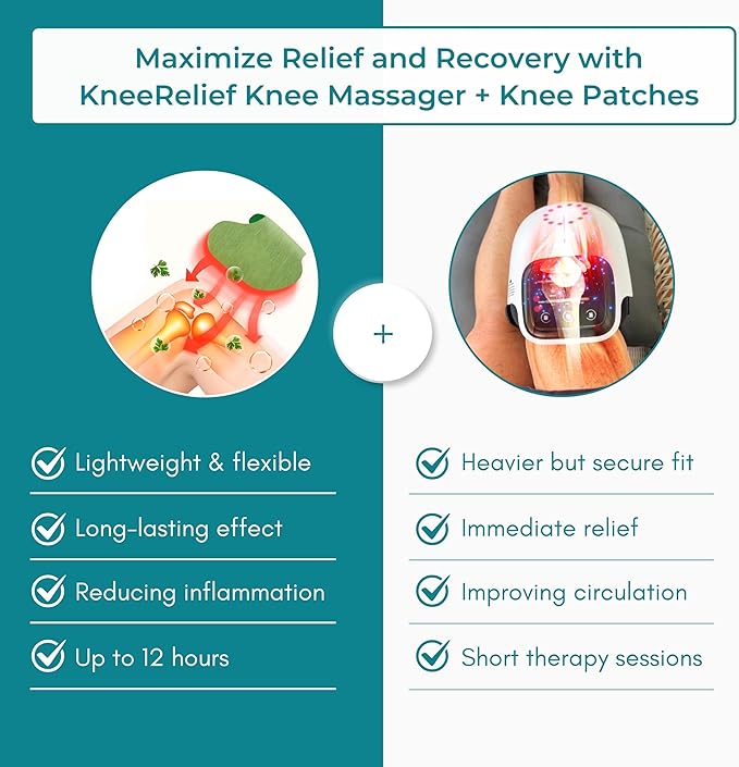 Norelie KneeRelief Massager + Herbal Knee Patches Bundle – 3-in-1 Device with Red Light Vibration &amp Heat Therapy + 12 Herbal Patches for Daily Knee Wellness
