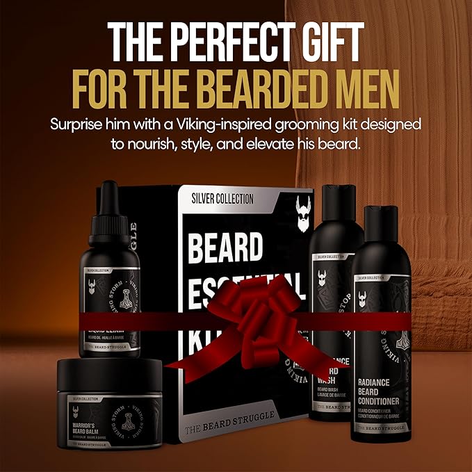 The Beard Struggle Beard Growth Kit for Men includes Beard Balm Beard Oil Beard Wash &amp Beard Conditioner - Silver Collection - Viking Storm