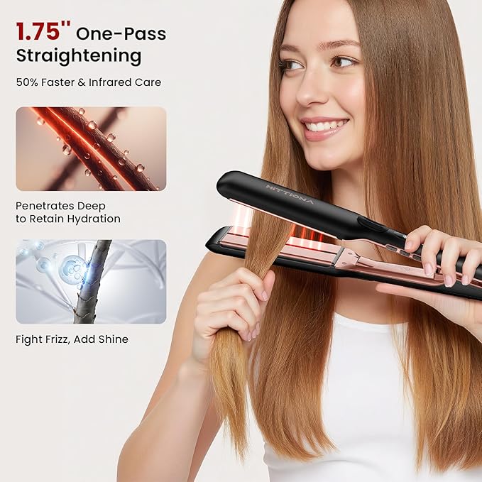 HITTIONA Flat Iron Hair Straightener – 1.75” Ceramic Infrared Ionic Flat Iron with 5s Fast Heat-Up Vibration Technology LCD Temp Control Dual Voltage Anti-Frizz Styling for All Hair Types
