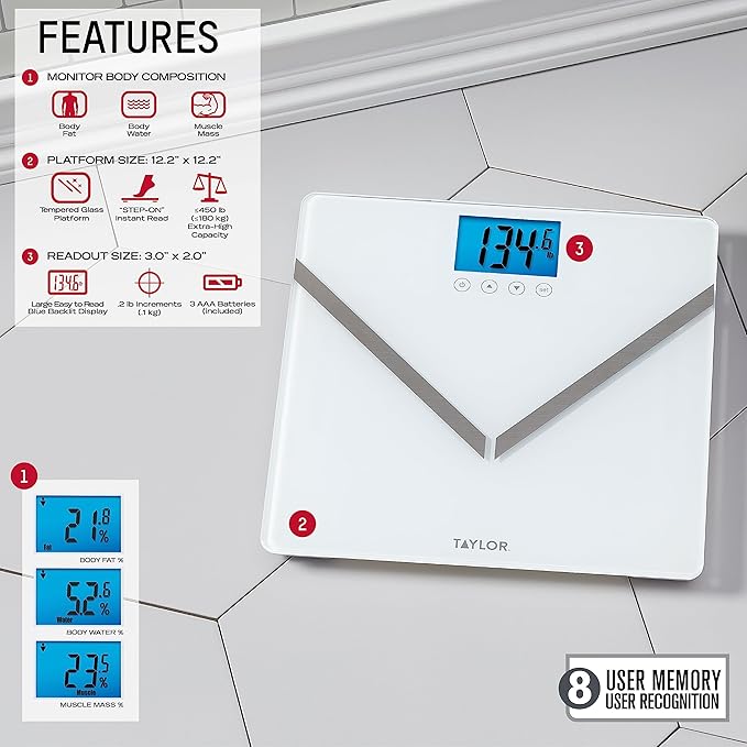 Taylor Digital Glass Body Composition Scale Bathroom Scale for Body Weight Measures Body Fat Body Water and Muscle Mass Percentages 8 User Recognition FSA HSA Eligible 440 lb Capacity White