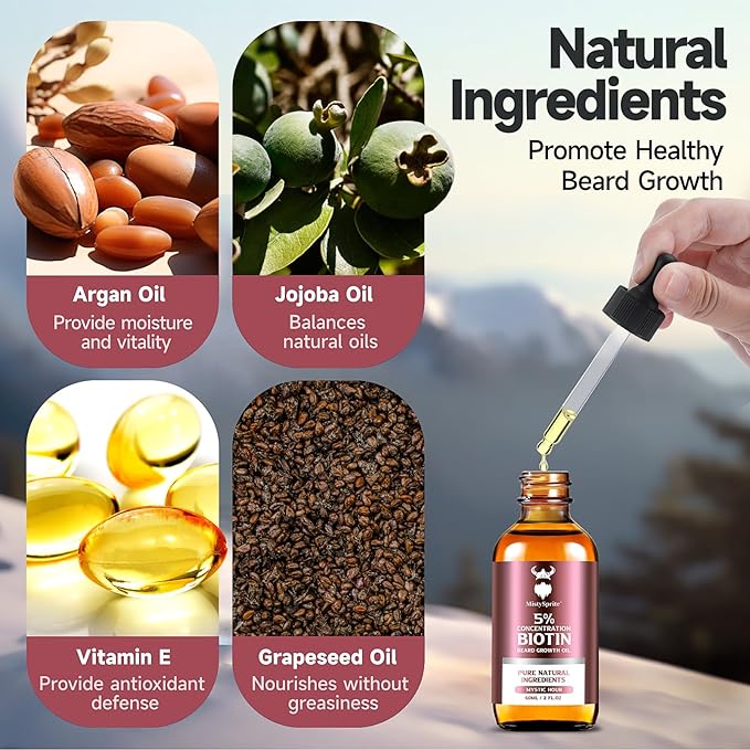 Beard Growth Oil - 5% Concentration Biotin Beard Oil for Men (2 oz) - Natural Mens Beard Oil with Argan Oil Jojoba Oil and Vitamin Beard Growth Softener Moisturizer (Mystic Hour)