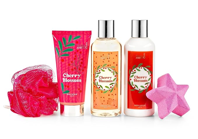 Cherry Blossom Bath &amp Body Gift Set Spa Collection for Women | Shower Gel Body Lotion Body Scrub Bath Bomb | Relaxing Self-Care Kit Birthday &amp Gift Box – Mother's Day Gift for Mom