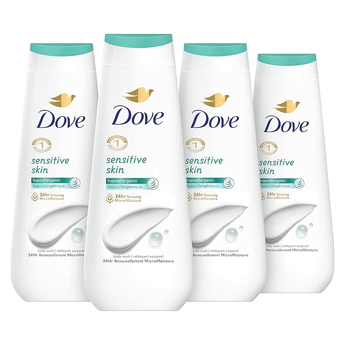 Dove Body Wash Sensitive Skin 4 Count Hypoallergenic Paraben-Free Sulfate-Free Cruelty-Free Moisturizing Skin Cleanser Effectively Washes Away Bacteria While Nourishing Skin 20 oz