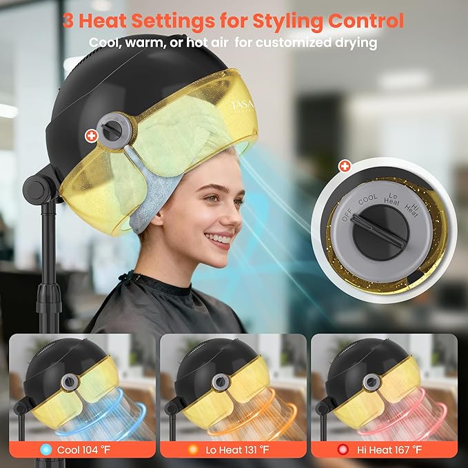 TASALON Gold Portable Hooded Hair Dryer for Home Standing 1875w Ionic Hooded Dryer on Wheels with Hood Professional Adjustable Height Sit Under Bonnet Dryer for Women and Beauty Salon