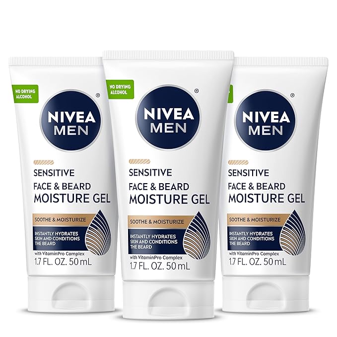 NIVEA MEN Sensitive Face and Beard Moisture Gel Gentle Face and Beard Moisturizer for Men Instantly Hydrates Skin and Conditions Beards 1.7 Fl Oz Tube Pack of 3