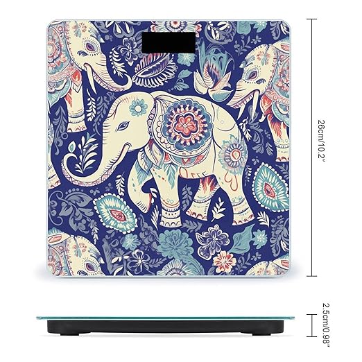 Boho Elephant Scale for Body Weight Safe Rounded Corners Tempered Glass Digital Bathroom Scale LED Display 400lb Capacity Weight Scales with High Precision Sensors