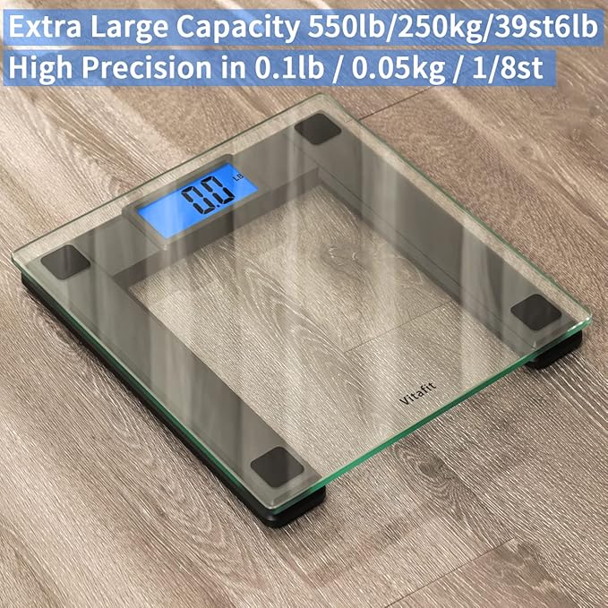 Vitafit 550lb Digital Bathroom Scale for Body Weight and BMI Via Smart APP High Accuracy Assured by Weighing Professional Since 2001 8mm Tempered Glass Extra Large Blue Backlit LCD Black