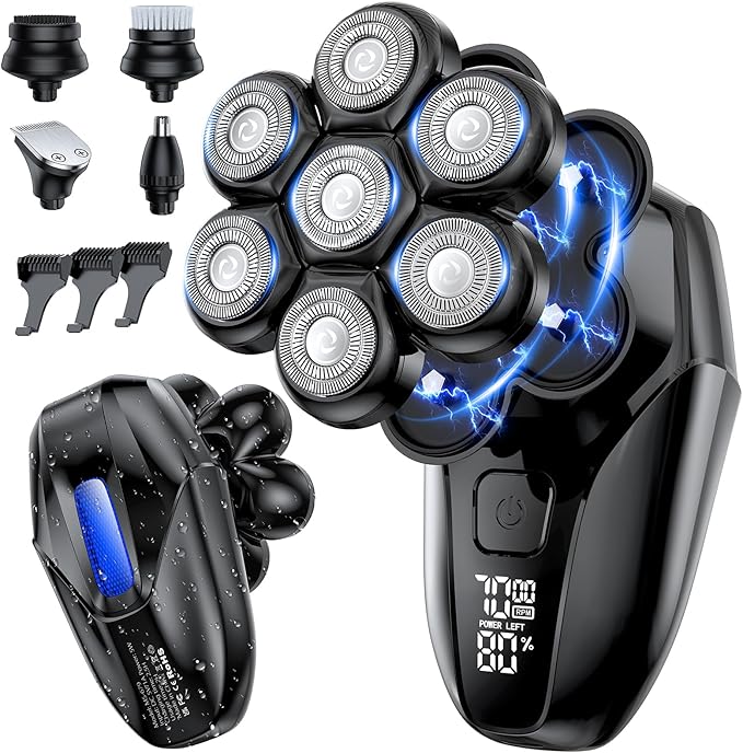 Head Shavers for Bald Men 5-in-1 Electric Shaver Grooming Kit 7D Floating IPX7 Waterproof Rechargeable Wet/Dry Razor for Skull Bald Head Body Hair with Massager Black