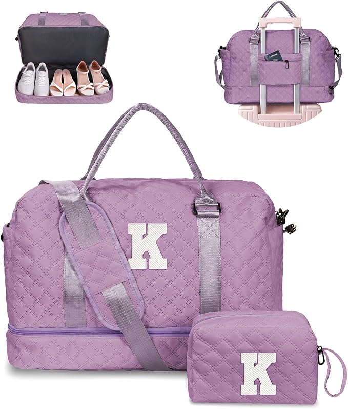 Girl Duffle Bag with Shoe Compartment Tween Weekend Duffle Bag Monogram Overnight Bag for Women with Trolley Sleeve &amp Wet Pocket Letter Kids Travel Bag with Makeup Bag (Letter K)