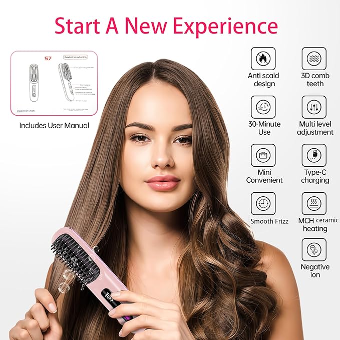 Cordless Hair Straightener Brush for Travel 200 Million Negative Ionic Portable Hair Straightener Comb for Women with LED Display &amp 3 Temps 30s Fast Heating USB Charging Smooth Frizz(Pink