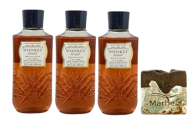 Bath &amp Body Works Men's Collection Whiskey Toast - 3 Pack of 3-In-1 Hair Face and Body Wash with a Cabin Spice Bar Soap