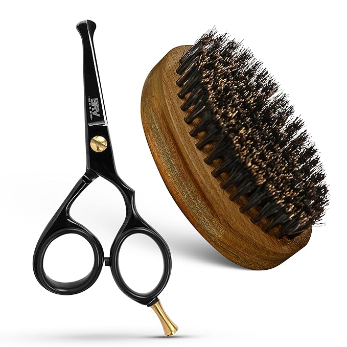 BRV MEN Facial Scissors and Beard Brush Kit | 4.2 High Carbon Stainless Steel Trim Scissors &amp First-Cut Boar Hair Brush