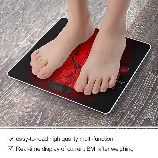 Red Cherry Blossom Scale for Body Weight Anti-Slip Tempered Glass Digital Bathroom Scales Clear LCD Display Weighing Scale Safe Rounded Corners Smart Scales