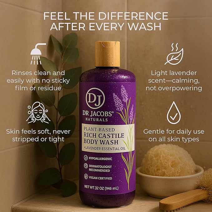 Dr. Jacobs Naturals Castile Lavender All-Natural Body Wash for Moisturizing Dry and Sensitive Skin with Plant-Based Ingredients with Pump - 32 Ounce