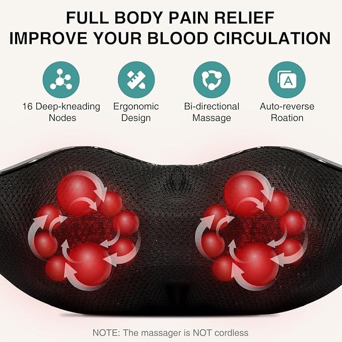 Nekteck Shiatsu Neck Massager with Heat for Pain Relief Deep Tissue 2026 Upgraded 3D Back Shoulder Kneading Massage Pillow Body Muscle Relaxation Tool Gifts for Him Her Mom Dad Gray (NOT Cordless)
