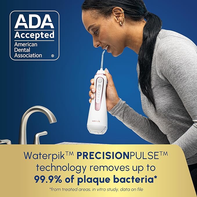 Waterpik Cordless Advanced 2.0 Water Flosser For Teeth Gums Braces Dental Care With Travel Bag and 4 Tips ADA Accepted Rechargeable Portable and Waterproof Rose Gold WP-589 Packaging May Vary