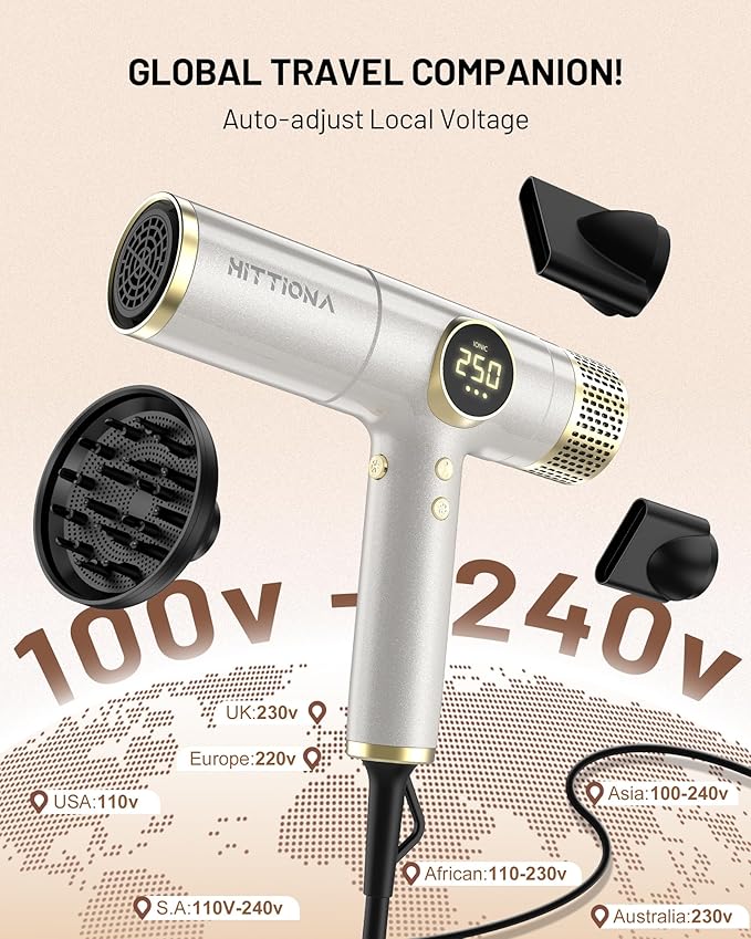 HITTIONA Dual Voltage Travel Hair Dryer with Magnetic Diffuser - 2000W High-Speed Ionic Hair Dryers Gift for Women Fast Drying Low Noise Lightweight No Heat Damage European Travel 110V-240V Gold