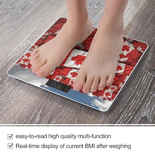 Canadian Flag Bathroom Scale for Body Weight Bathroom Digital Electronic Weighing Scale with Back Lit LED Display Sturdy Tempered Glass Weight Watchers Scales 400lb