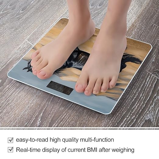 Black Arabian Horse Scale for Body Weight Anti-Slip Tempered Glass Digital Bathroom Scales Clear LCD Display Weighing Scale Safe Rounded Corners Smart Scales