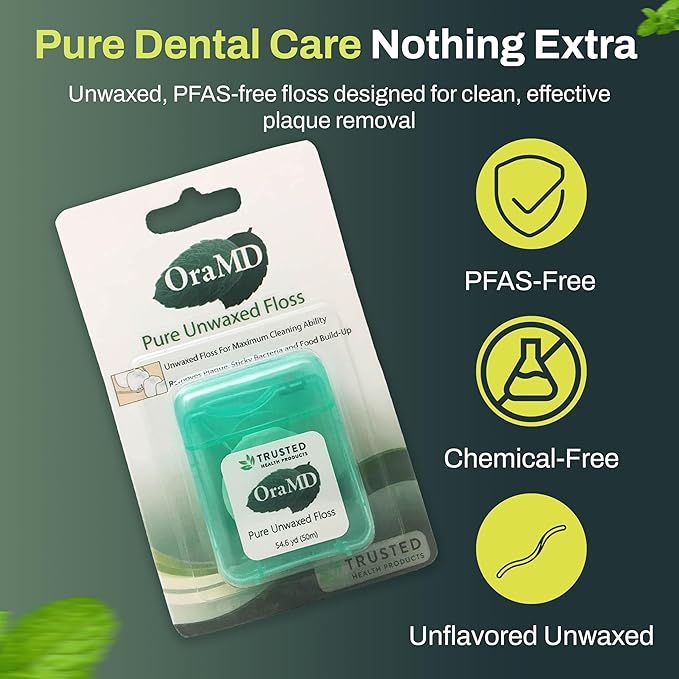 OraMD Oral Care Pure Unwaxed Dental Floss 54.6 Yards - PFAS-Free Chemical Free Shred Resistant - Unscented and Ultraclean Plaque Removal - Teeth and Gum Protection for Adults - Pack of 6