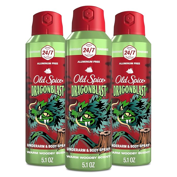 Old Spice Aluminum Free Body Spray for Men 24/7 Odor Protection 24/7 Lasting Fragnance &amp Freshness Cologne Quality Scent Dragonblast with Warm Woodsy Scent 5.1 oz (Pack of 3)
