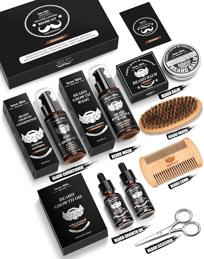 Beard Kit for Men Grooming &amp Care: with 2 Pack Beard Oils and Balm - Wash &amp Conditioner for After Shave Lotions Sandalwood Brush and Comb Sets with Scissors Valentines Fathers Gifts for Dad/