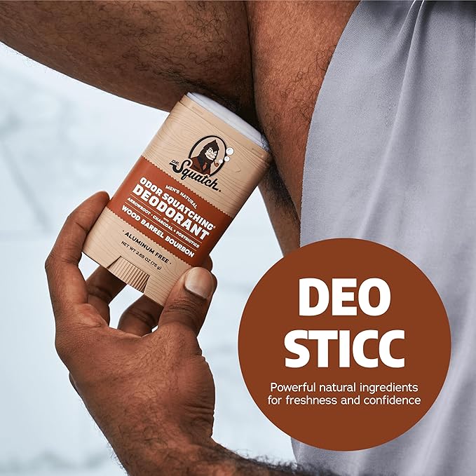 Dr. Squatch Natural Men’s Deodorant – Aluminum Free Natural Deodorant Men with Charcoal &amp Postbiotics for 72-Hour Odor Protection – Wood Barrel Bourbon 2.65oz Stick (3-Pack)