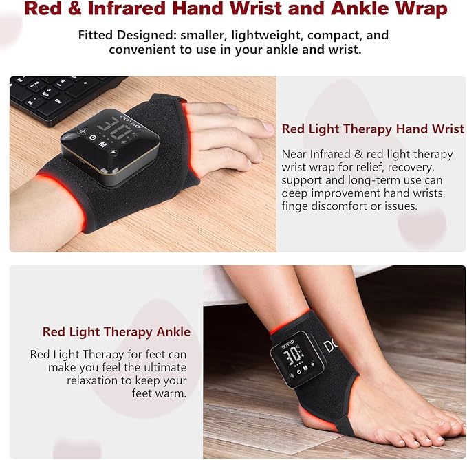 Red Light Therapy Wrap for Ankle &amp Wrist Pain Relief - 660nm Red &amp 850nm Infrared Combo Light Therapy - Rechargeable Wireless for Joint Recovery Muscle Pain