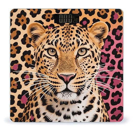 Pop Leopard Print Bathroom Scale for Body Weight LCD Display Digital Bathroom Scale Tempered Glass Bathroom Weight Scales Fashion Smart Scales for Home Bedroom 400 Lb