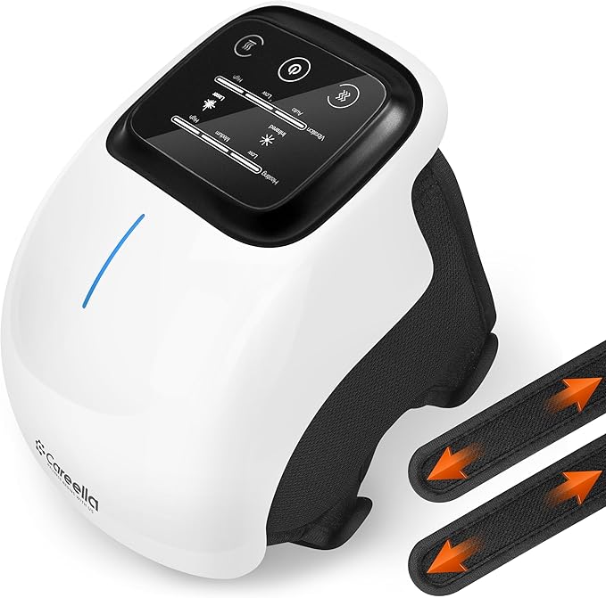 Careella Advanced Wireless Knee Massager – Heated &amp Rechargeable Pad with Smart Vibration Cordless Comfort Device &amp Gentle Light for Knees &amp Joints - XL Size Adjustable Brace - Portable R