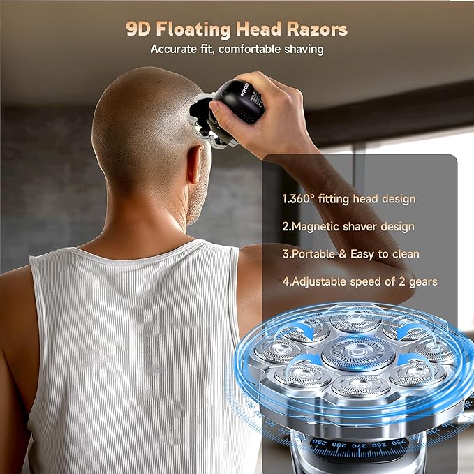 Electric Razor for MenHead Shavers for Bald MenElectric Shavers for Men with Wet &amp Dry Bald Head Shaver 9D Floating 5-in-1 Body Shavers Comes with Magnetic Detachable Blades